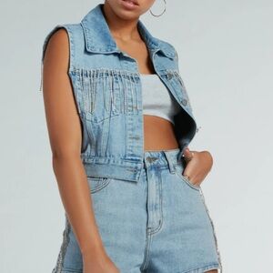 Windsor Country Glamour Rhinestone Fringe Denim Vest size small
